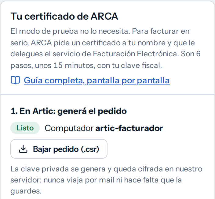 Tarjeta Tu certificado de ARCA en Ajustes, con el pedido generado y el botón Bajar pedido (.csr)