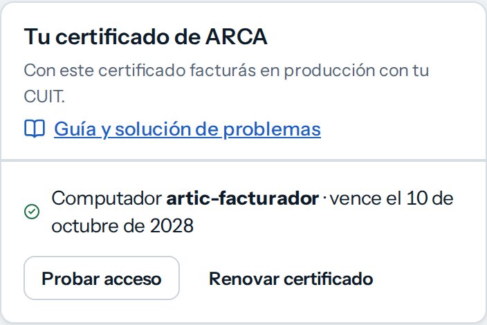 Tarjeta Tu certificado de ARCA con el certificado conectado y el botón Probar acceso